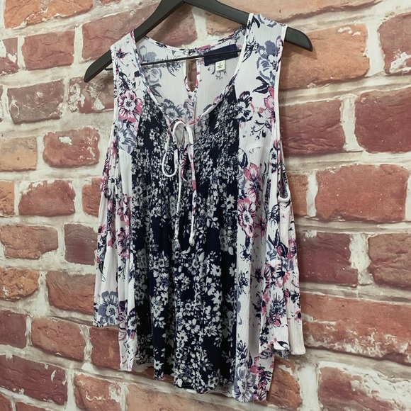 Francesca's Blue Rain Top Women's S Multicolor Floral Cold Shoulder Casual Shirt - Picture 2 of 7